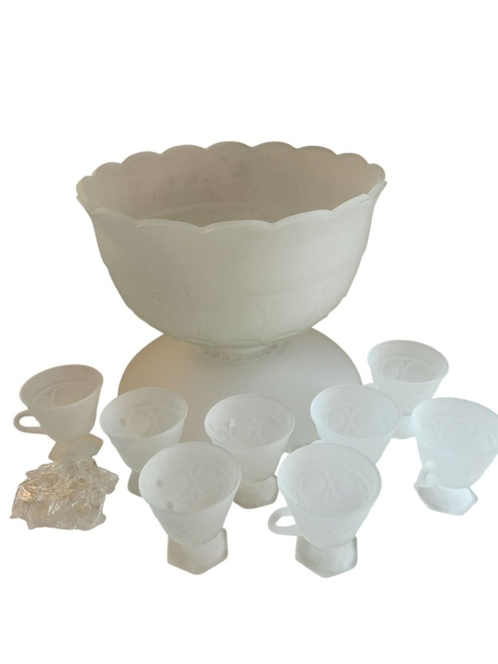 Tiara Indiana Glass Frosted Satin Provincial Lexington Punch Bowl, Pedestal & 10